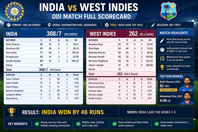 India vs West Indies Match Full Scorecard (ODI)